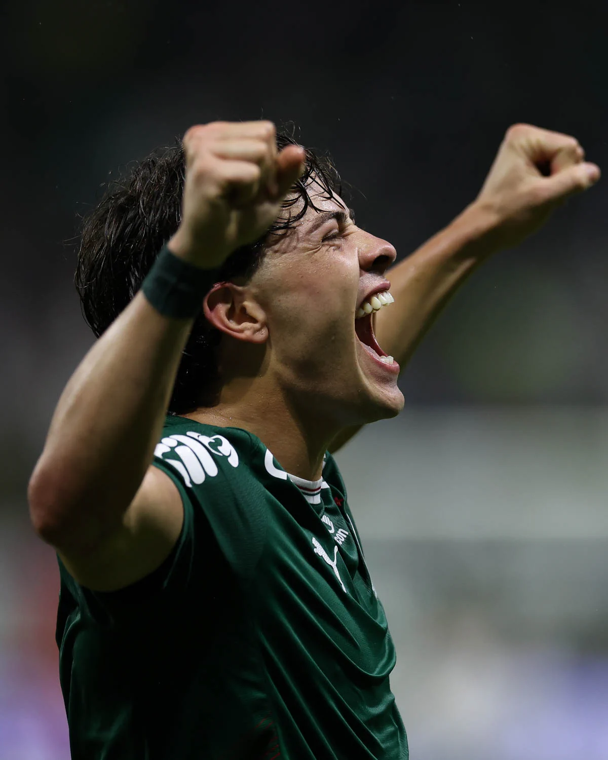 Agustín Giay celebra com os braços levantados e a camisa do Palmeiras.