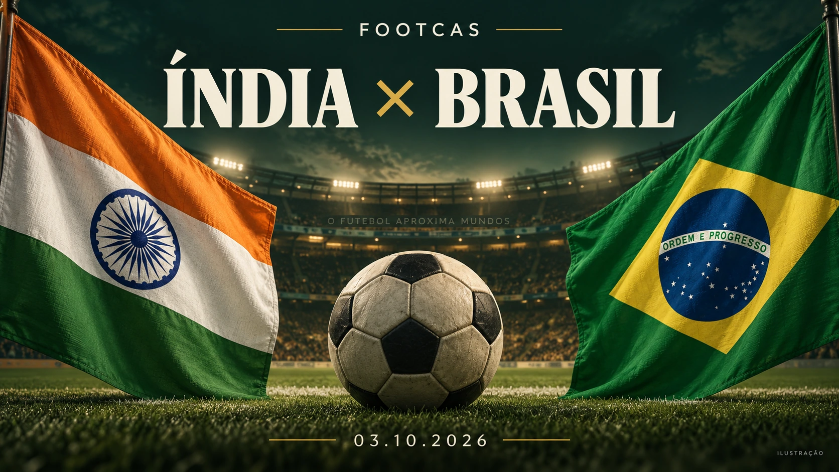 Ilustração de Índia x Brasil com as bandeiras das seleções, bola e estádio