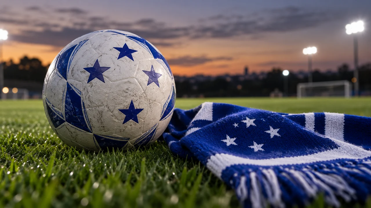 Bola de futebol e cachecol azul e branco sobre o gramado. Ilustração gerada por IA.