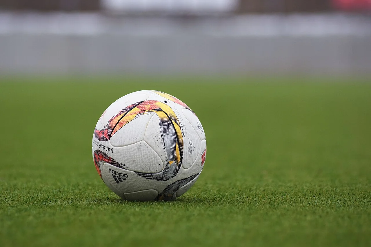Bola de futebol sobre o gramado.